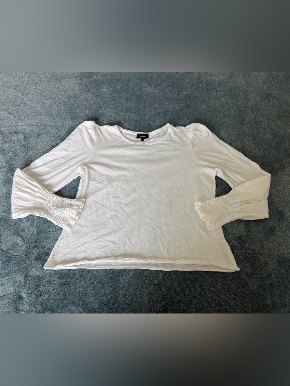 ME+EM Smocked-Cuff Balloon Long Sleeve Top White 100% Cotton Size US 10